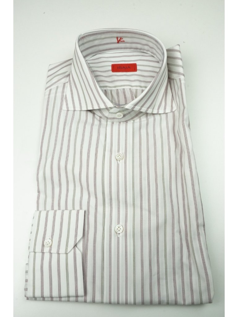 Isaia White Olice Merlot Striped Long Sleeve Cotton Dress Shirt 15.5/39 New